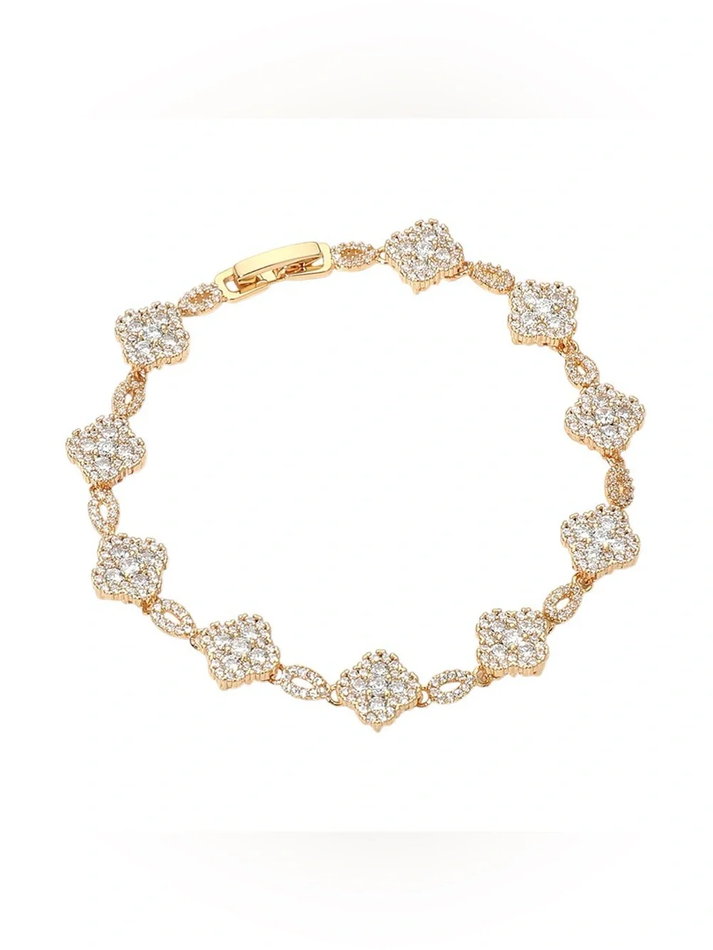 14K Gold Plated CZ Pave Quatrefoil Link Bracelet